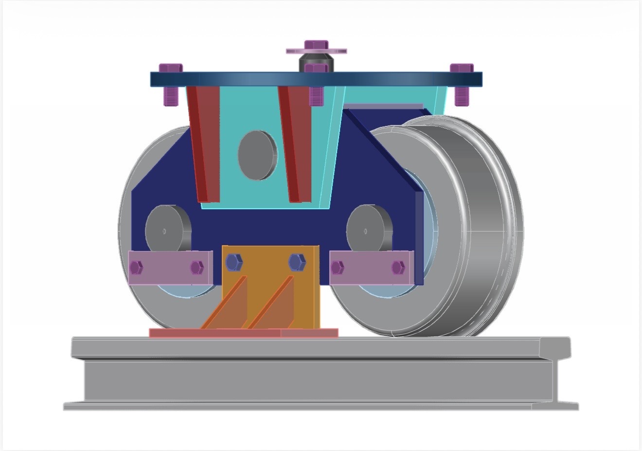 320mm twin roller 3D CAD model, front view on rail